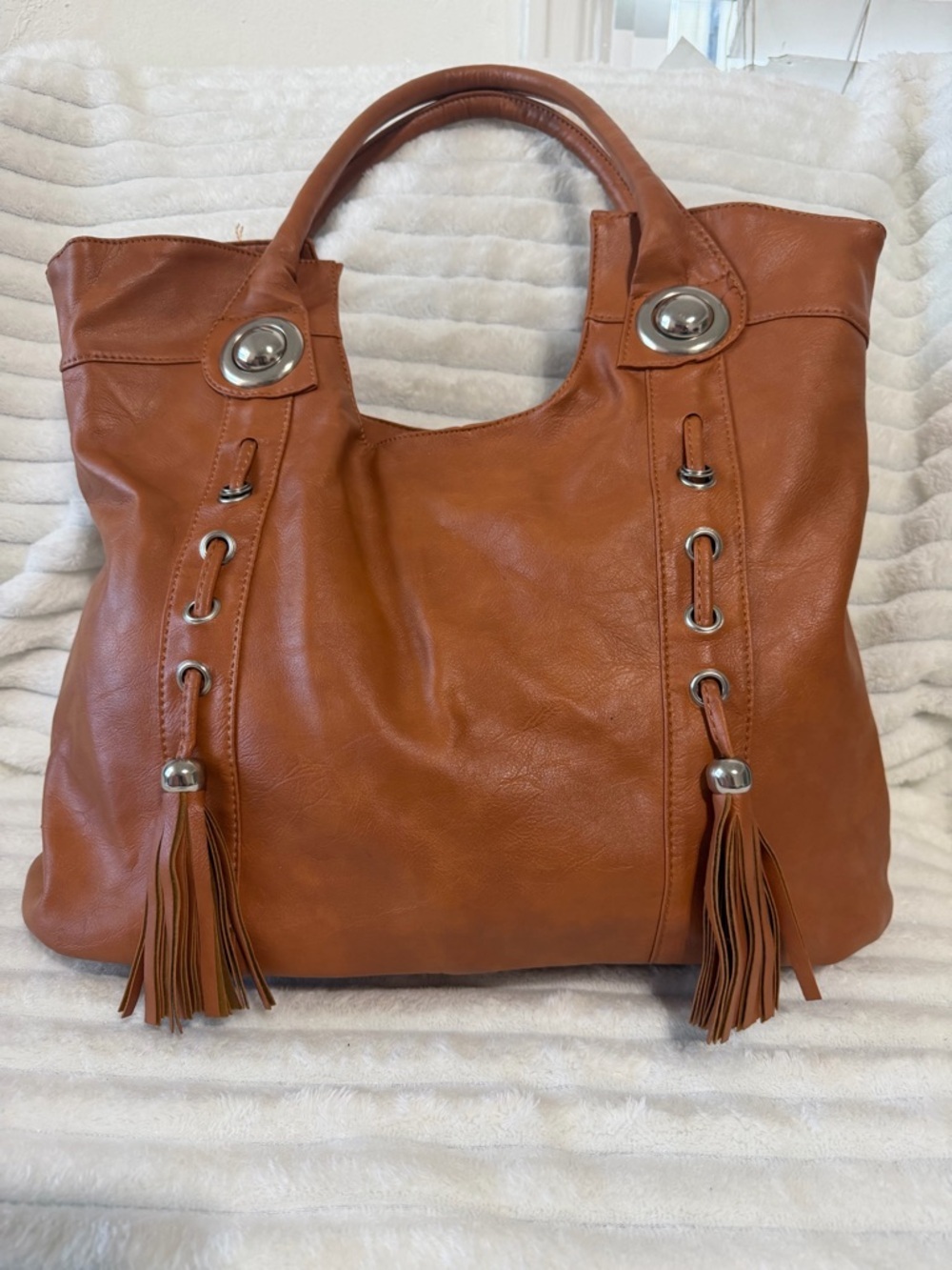 Oriflame Brown Tassel Tote Bag Faux Leather Large Shoulder Bag